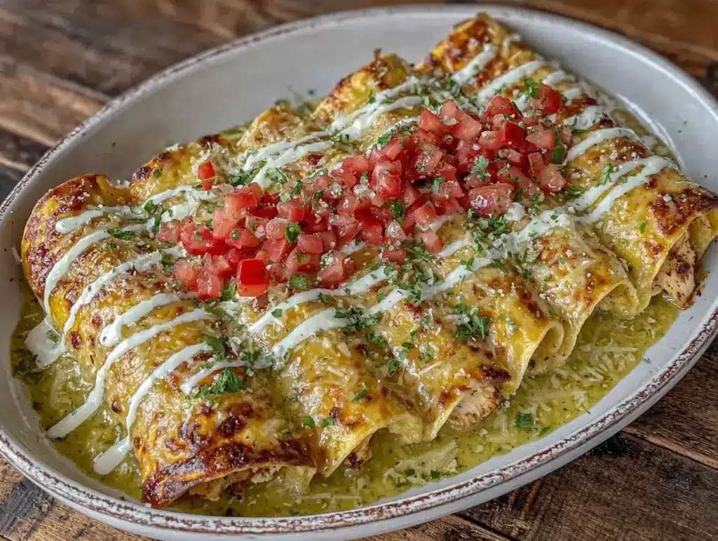 creamy green hatch chili chicken enchiladas - featured image