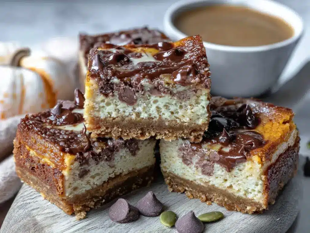 creamy pumpkin chocolate chip cheesecake bars - featured image
