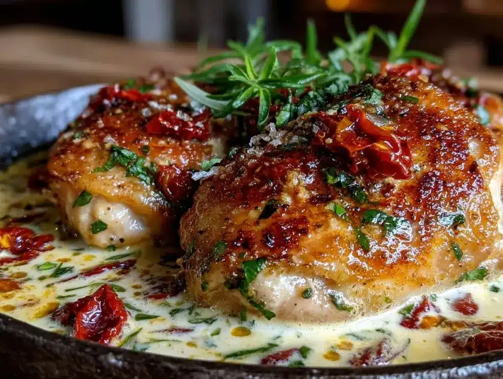 creamy sun-dried tomato chicken thighs - featured image