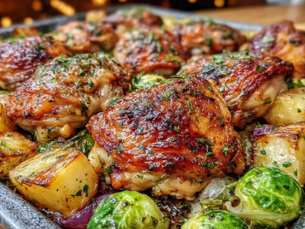 crispy sheet pan harvest chicken thighs - featured image