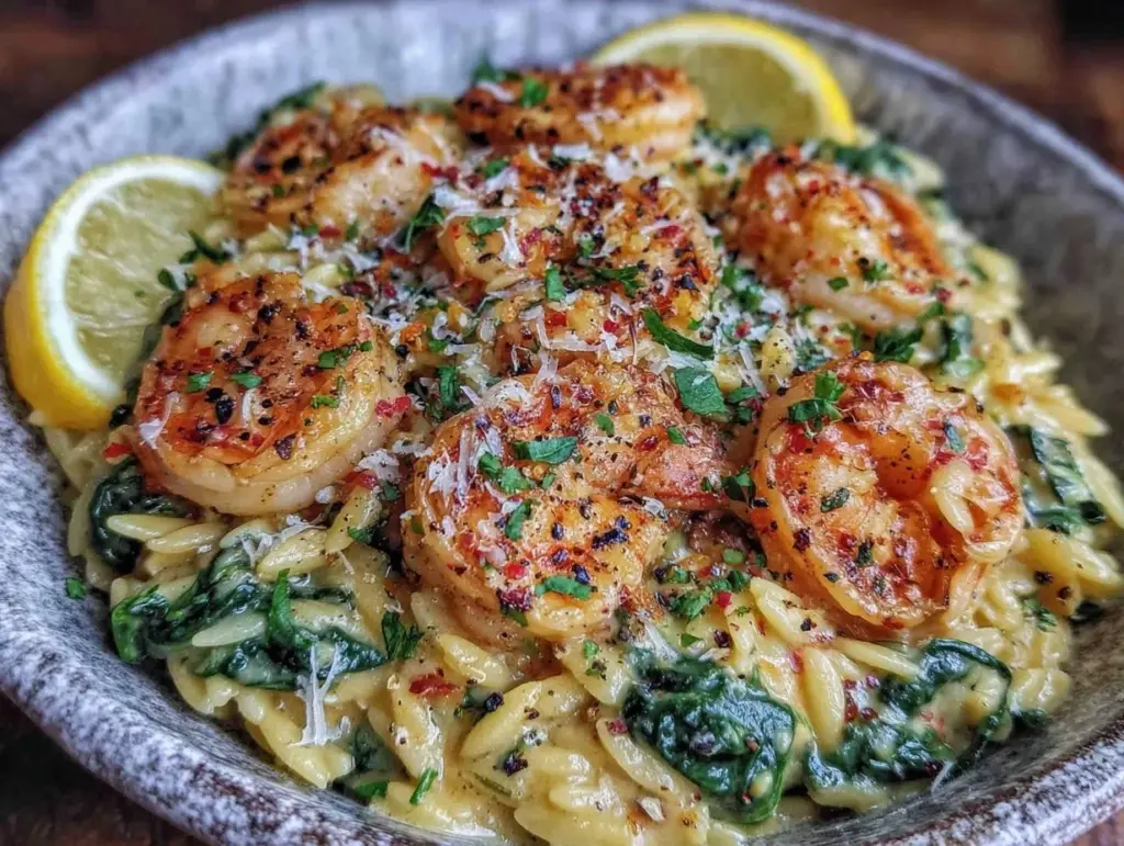 one-pan lemon orzo with shrimp and spinach - featured image
