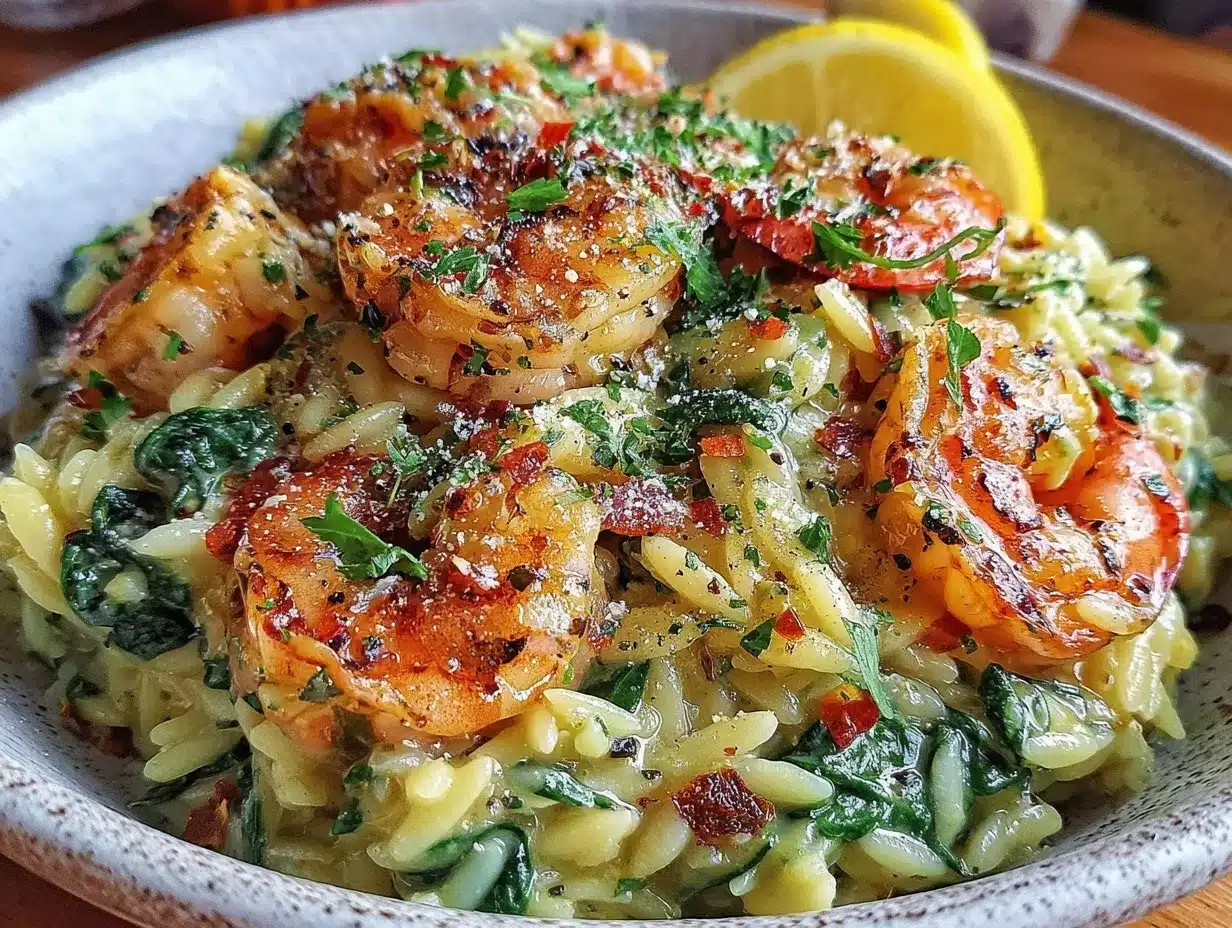 one-pan lemon orzo with shrimp and spinach preparation steps