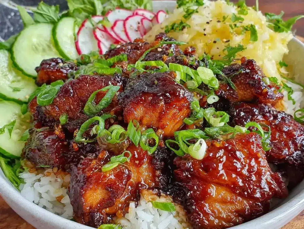 sticky honey gochujang chicken rice bowl - featured image