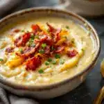 creamy loaded baked potato soup with crispy bacon - featured image